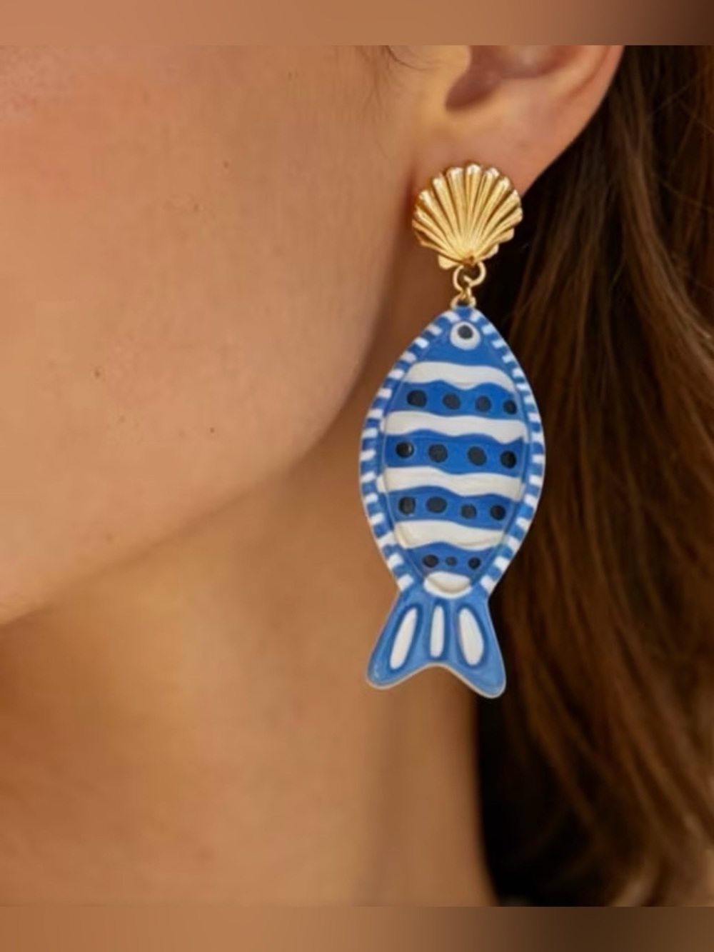 Fashion Jewelry Blue & White Fish Drop Earrings with Gold Shell Stud NWT